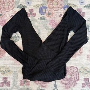 Reformation Black Ribbed Long Sleeve Wrap Top